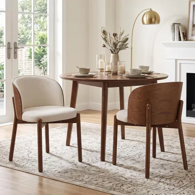 Produktbild von MODFU Esszimmerstühle 2er Set aus Massivholz, moderne Küchenstühle mit Leinenstoff und Eschenholzfurnier Rückenlehne, gepolsterte Stühle,Walnuss