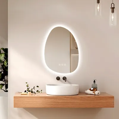 Produktbild von EMKE LED-Badspiegel mit Touchschalter, Rahmenloser Spiegel mit Beleuchtung, Asymmetrisch, Anti-Beschlag, 3 dimmbare Lichtfarben, 65 x 45 cm