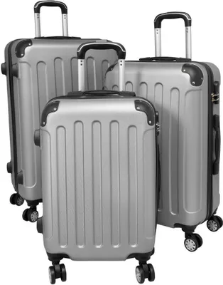 Three silver suitcases of different sizes arranged diagonally.