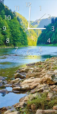 Produktbild von Wallario Design Wanduhr Fluss in den Bergen an steinigem Ufer aus Echtglas, Größe 30 x 60 cm