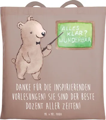Produktbild von Mr. & Mrs. Panda Einkaufstasche Bester Dozent - Braun Pastell - Geschenk, Laptoptasche, Dankeschön, Schultasche, Bedanken, für, Anerkennung, Aufmerksamkeit, Stoffbeutel