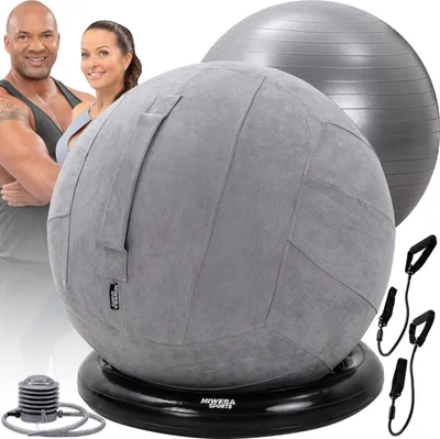 Produktbild von Miweba Sports 4in1 Gymnastikball Set | 65 cm - inkl. Ballschale, Pumpe, Waschbarer Bezug & Schlingentrainer - Fitnessball - Sitzball - Yogaball (Grau)