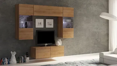 Produktbild von Wohnwand CALABRINI-10 Wohnzimmer-Set Hängewohnwand Schrankwand mit LED-Beleuchtung TV-Schrank Vitrine Moderne Anbauwand Hochglanz (Eiche Gold)