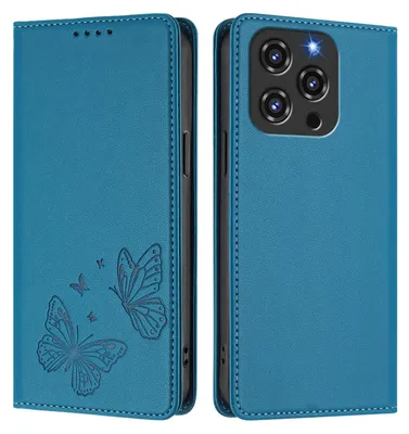 Image de Étui en cuir pour Oukitel C3 2025, étui de protection en cuir gaufré motif papillon avec support, bleu