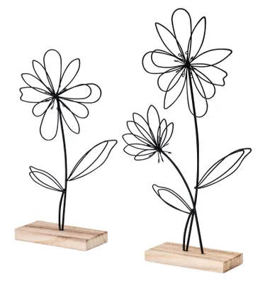 Produktbild von 2er Set Deko Aufsteller Draht Blume Metall Holz Schwarz Natur Deko Tischdeko Frühling Figur Wohndeko