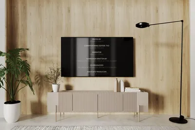 Zdjęcie produktu dla Szafka RTV 200 cm ryflowana kaszmir złote nogi uchwyty półki szuflady Malmi