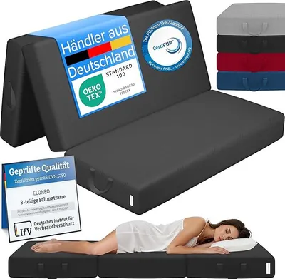 Produktbild von Klappmatratze, Gästematratze, 3-teilige Faltmatratze, Schaumstoff extra dick (15cm), waschbar, Bandscheibenwürfel, klappbar, Faltbare Matratze, Erwachsene (Schwarz, 120 x 195 x 15 cm)