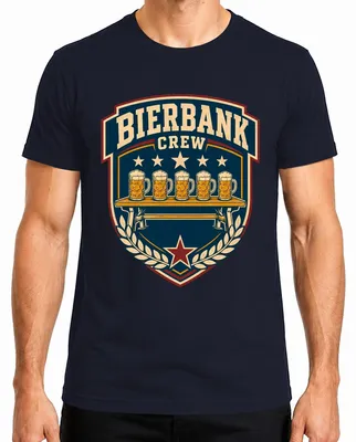 Imagen del producto de Camiseta para hombres, estilo "Oktoberfest", con motivos de "Bierbank Crew", ideal para despedidas de soltero, disponible en color azul marino, talla L. También incluye pantalones de cuero ("Lederhose")