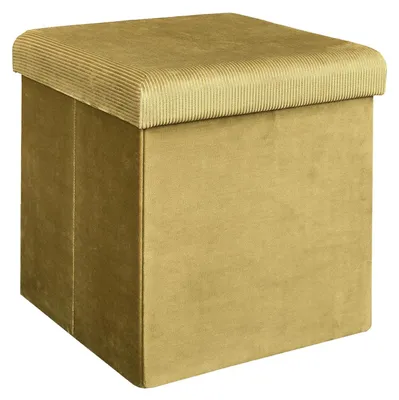 Image de Pouf pliable coffre de rangement velours côtelé jaune