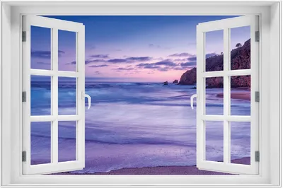 Produktbild von Wallario Wandbild mit Fenster-Illusion: Kalifornischer Strand am Abend mit Felsenküste, Größe: 61 x 91,5 cm, Poster mit weißem Aluminiumrahmen