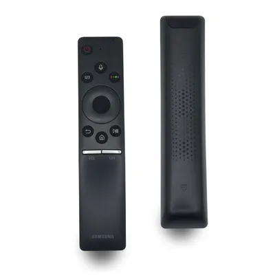 Two black Samsung TV remote controls are shown against a white background. One remote is shown from the front, displaying its buttons, and the other is shown from the back, revealing a textured pattern.