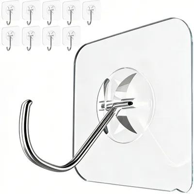 Produktbild von Extra starke selbstklebende Haken (bis zu 10 kg), 10 Stück – Transparente selbstklebende Haken, kein Bohren erforderlich, abnehmbar, wasser- und rostfrei, multifunktionale Haken für Badezimmer