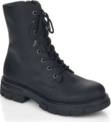 A black lace-up boot on a white background.