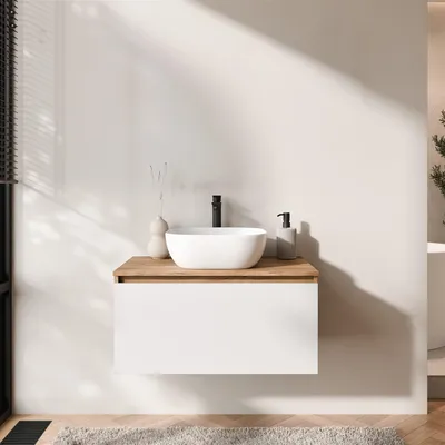 Produktbild von Planetmöbel ARISA Waschtisch 80 cm weiß mit Keramik-Aufsatzwaschbecken 42 cm in weiß
