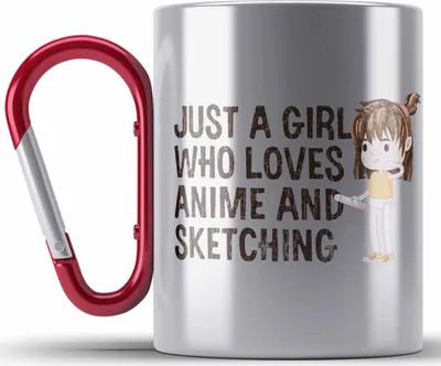 Produktbild von Trendation - Anime Edelstahl Tasse Karabiner Geschenk Geschenkidee Just A Girl Who Loves Anime And Sketching Zeichnen Mädchen (Rot)