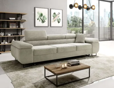 Produktbild von Easy4You Schlafsofa Norberg - 279 cm - Kord Creme - 3 Sitzer Sofa - Werstellbare Kopfstützen - Couch mit Schlaffunktion - Stoff: Kord Poso 100