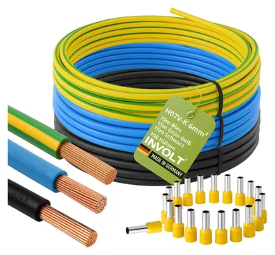 Produktbild von H07V-K Verdrahtungsleitung Set in Schwarz, Blau, Grün-Gelb Ausführung Länge: 3x 15m + 100x Aderendhülsen 6mm²