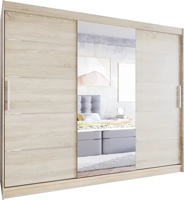 Produktbild von Easy4You LVI 250 cm Sonoma Schiebetüren Kleiderschrank 250x215x58 cm mit Spiegel - Schlafzimmermöbel, Aufbewahrung - Mehrzweckschrank