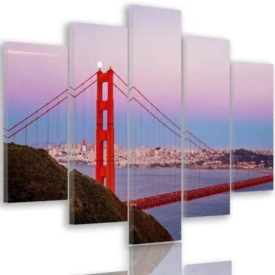Produktbild von 5-teiliges leinwandbild golden gate bridge 3 200x100 cm Feeby rosa wandbild bereit zum aufhängen