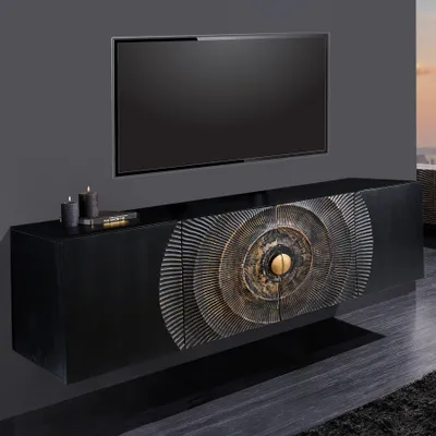 Produktbild von riess-ambiente Hängendes Sideboard GOLDEN SUNSET 180cm schwarz mit 3D Schnitzereien gold massiv Mangoholz Kommode TV-Board