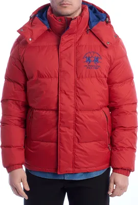 A man wearing a red puffer jacket.