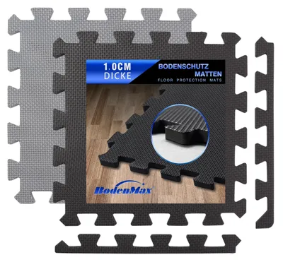 Immagine prodotto di Tappetini protettivi BodenMax con bordi 30x30 cm, 1 cm per tappetini fitness da pavimento, tappetini fitness per la protezione del pavimento – sport, palestra, cantina, 10 mm, nero, 18 pezzi