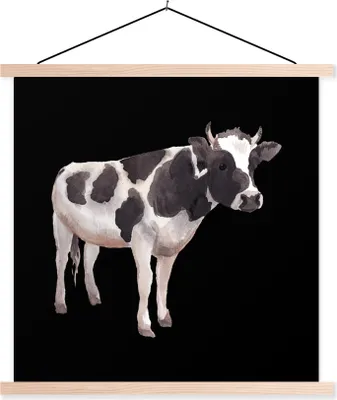 Produktbild von MuchoWow® Textilposter Kuh - Zeichnung - Schwarz 60x60 cm mit holzfarbenen Rahmen - Wanddekoration