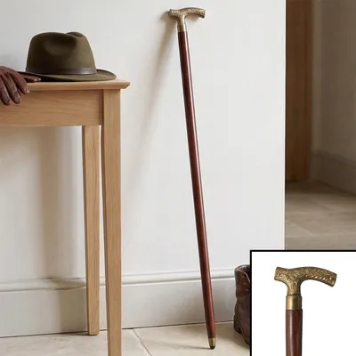 Produktbild von Spazierstock aus Holz mit brüniertem Messinggriff, Vintage-Stil, H.92 cm
