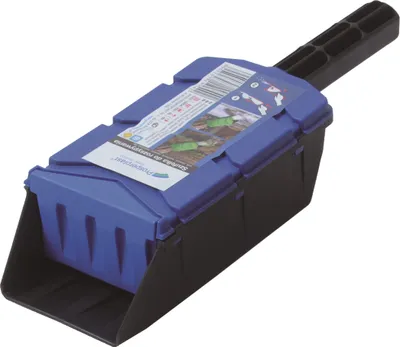 A blue and black plastic scoop with a handle, designed for spreading materials like salt or sand.