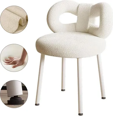 A white bouclé chair with a unique bow-shaped backrest, shown with close-up inserts highlighting the fabric texture, cushioning, and adjustable leg.