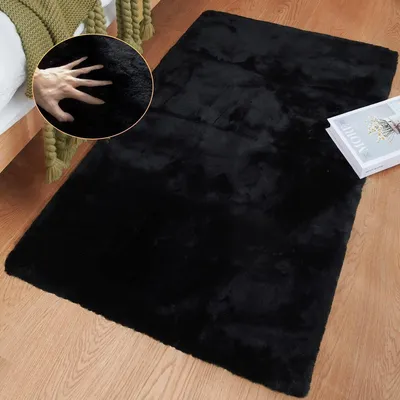 Productafbeelding van Vloerkleed zwart - Imitatiebont - 60 x 90 cm - Machinewasbaar