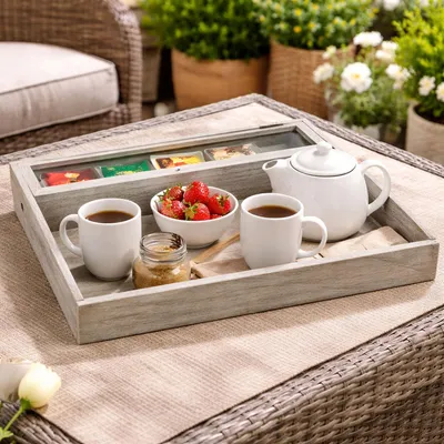 Produktbild von Tablett Serviertablett Holztablett Frühstückstablett 5 Fächer Teebox Shabby Look