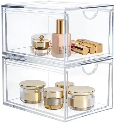 Image de Organisateur de maquillage rotatif et empilable, en acrylique transparent, idéal pour la salle de bain et la table de maquillage