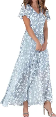Obrázek produktu pro ASKSA Dámské letní šaty s květinovým potiskem Dlouhý volán s krátkým rukávem V krku Plážové šaty Boho Beach Midi Dress Casual Dress (Light Blue,XL)