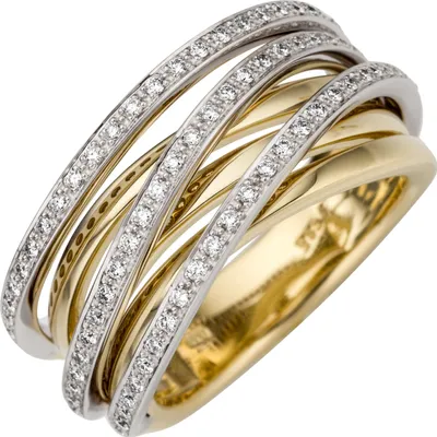 Produktbild von Gr. 56 Damen Ring breit 585 Gold Gelbgold Weißgold bicolor 78 Diamanten Brillanten