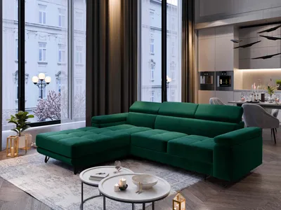 A modern living room with a large green sectional sofa.