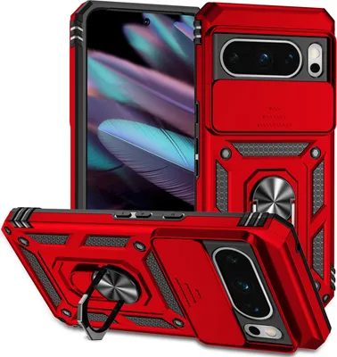 Image de Étui pour Google Pixel 8 Pro étui double couche avec couvercle coulissant pour appareil photo et support annulaire rouge