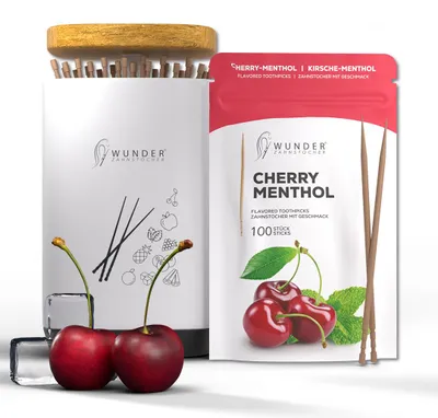 Produktbild von Wunder Zahnstocher - 1x Kirsch/Menthol Refill Wunderzahnstocher mit Geschmack 100 Stück + 1 x Zahnstocherspender für deinen Lifestyle