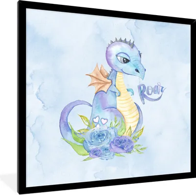 Produktbild von MuchoWow® Gerahmtes Poster Dinosaurier - Blau - Kinderzimmer - Jungen - Mädchen - Kinder 40x40 cm - Poster mit Schwarzem Bilderrahmen Wandposter Rahmen Foto Bilder - Mit Rahmen - Wanddekoration Schlafzimmer