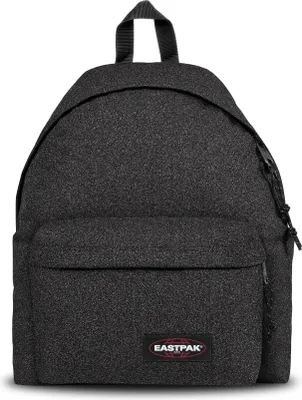 A studio shot of a dark gray Eastpak backpack against a white background.