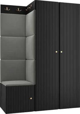 Produktbild von MIRJAN24 Garderoben-Set Orion Ryfel Slim XXIII, Kleiderschrank, Schuhschrank, Kleiderhakenbrett, 7x Paneel 42x42, 8 Kleiderhaken, Metallgriffe (Farbe: Schwarz, Manila 16)