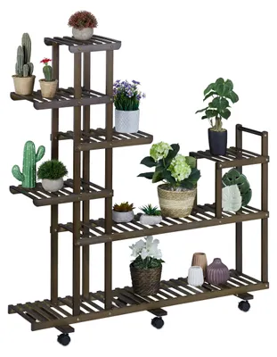 Produktbild von Pflanzenregal, Blumenständer mit 7 Ablagen, Bambus, H x B x T 127 x 120 x 36 cm, auf Rollen, für den Innenbereich, braun