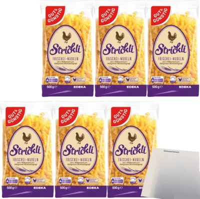 Produktbild von Gut & Günstig Strickli Frischei Nudeln 6er Pack (6x500g Beutel) + usy Block