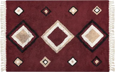 Zdjęcie produktu dla BELIANI Dywan czerwony bawełniany 160 x 230 cm prostokątny z frędzlami wzór w romby styl boho do salonu sypialni