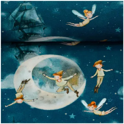 Nahaufnahme der Materialqualität des nachtblauen Peter Pan Jerseystoffes, zeigt feine Strickart und kräftige Farben.