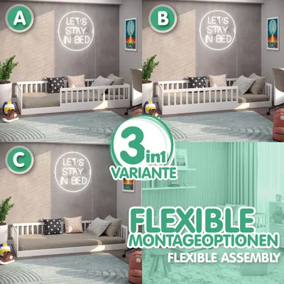 Produktbild von CADANI Timi Bodenbett Kinderbett 90x200 cm, Rausfallschutz abnehmbar, bis 200 kg belastbar, inkl. Roll-Lattenrost, Montessori Bett aus Kiefer Massivholz, Weiß