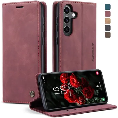 Image de Coque rabattable pour Samsung Galaxy S24 FE 5G, en simili cuir, avec porte-cartes, fonction support, couleur bordeaux, pour écran de 6,7 pouces