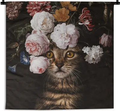 Produktbild von MuchoWow® Wandteppich Wandbehang Katze - Blumen - Haustier 60x60 cm Tapisserie Dekoration Wandtuch - Dekorationen - Wand Decke