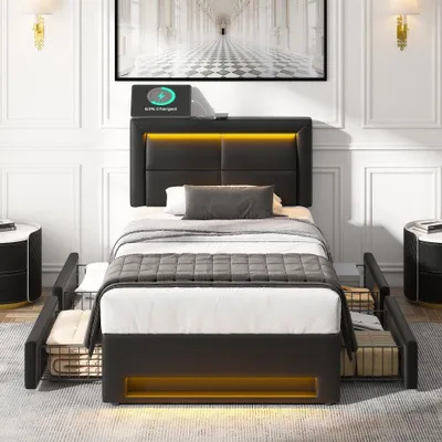 Imagen del producto de Cama tapizada de 90x200 cm, color , fabricada en PU, con puerto USB, carga inalámbrica, iluminación LED y 4 cajones