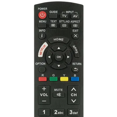 A black remote control with various buttons and labels.